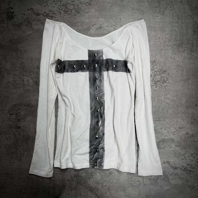 Y2K women's basic pullover round neck slim fit long sleeved personalized cross hot stamping print loose top