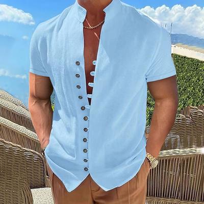 Zomer Heren Katoen Linnen Tops Vintage Button Up Stand Hals Korte Mouw Heren Wit Zwart