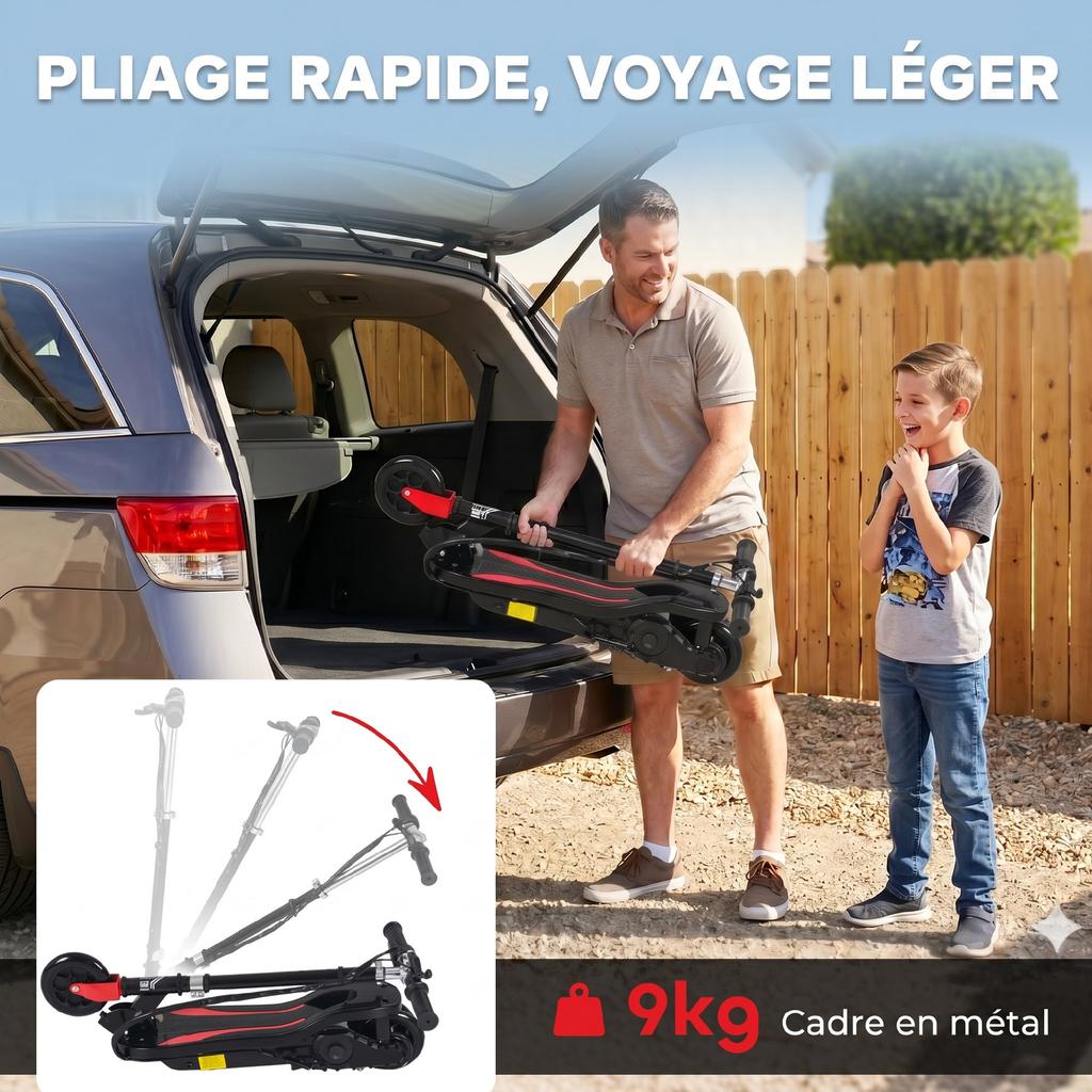 Monopattino elettrico pieghevole per bambini 7+ anni, 120W Velocità massima 12 km/h, 75x36x82-93 cm Nero