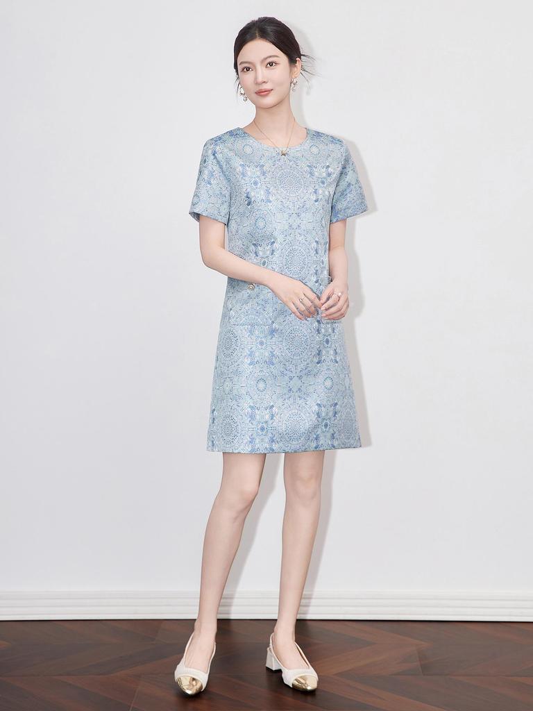 Chinese Gold Silk Jacquard A-Line Dress: Elegant Short Sleeve, Slimming, High Quality Women's Summer Style
