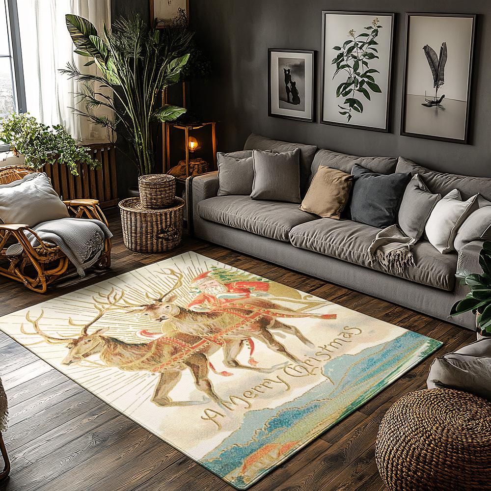 

Merry Christmas Reindeer Sleigh Rug, Santa Claus Holiday Carpet for Living Room, Soft Non-Slip Mat with Festive Decor 50x80cm