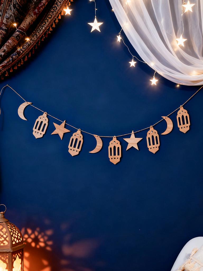 Ramadan Kareem Wood Moon Star Garland Islamic Lantern Hanging Banner Decor Home Party Wall Window Decoration Muslim Holiday Gift