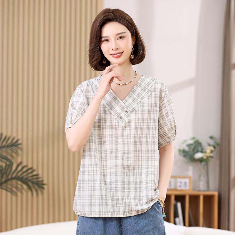 

Клетчатая рубашка с V-образным вырезом и короткими рукавами, с кулиской по низу - Повседневный топ в корейском стиле для женщин L (suitable for 115-130 jin) абрикосовый