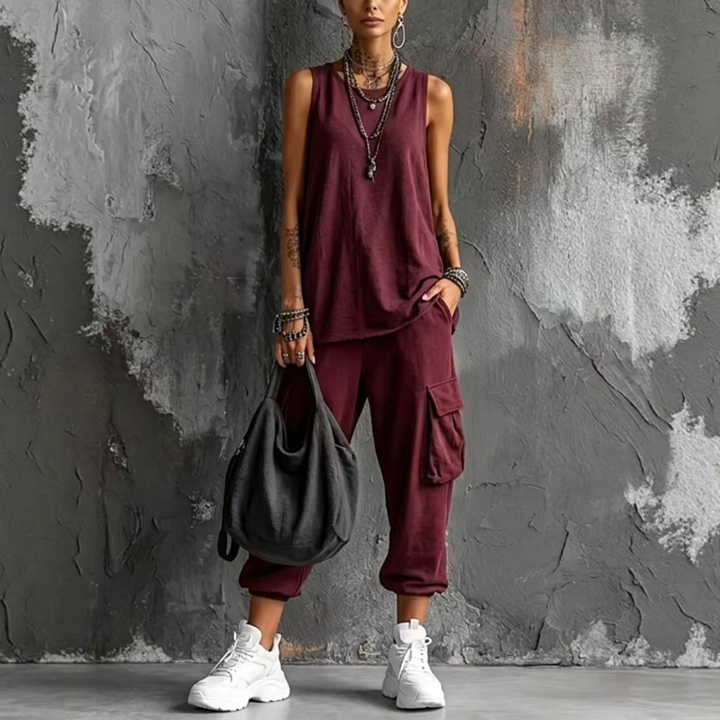 Women Solid Color Sleeveless Tank Top And Cargo Pants Two Piece Set Streetwear Casual Loose Fit Summer Outfit
