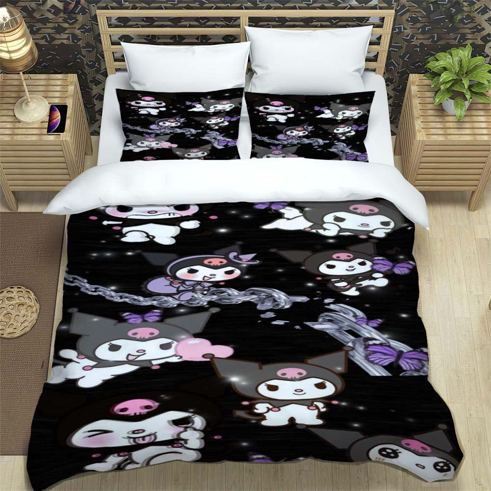 Kuromi 3-piece Cartoon Bedding Set, Exquisite Adult and Children's Bedding Set, Suitable for Double and Single Beds, Large Size.