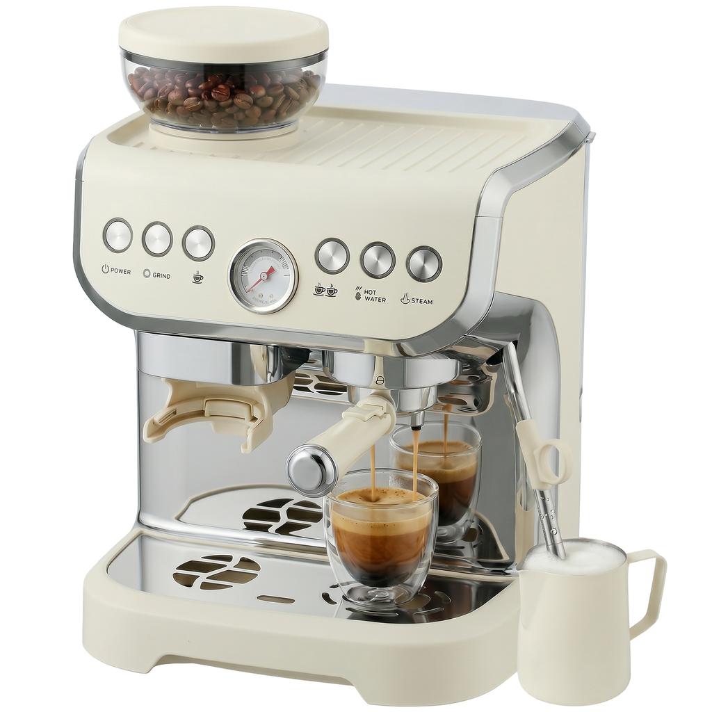 15 Bar Coffee Machine, with Adjustable Grind, Steamer and Accessories - Cream White