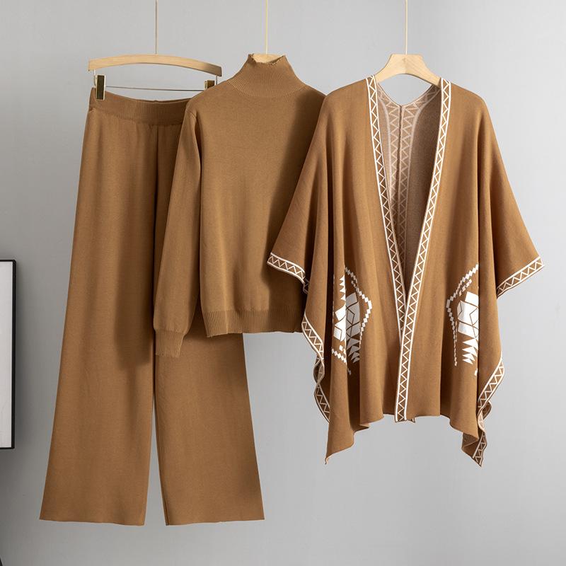 Set da 3 Pezzi Completi Pantaloni Donna Maglione Dolcevita a Maglia Pantaloni Dritti a Maglia Sciarpa a Maglia Set Tre Pezzi Autunno Inverno Casual Maglia Pantaloni a Gamba Larga Set Tre Pezzi