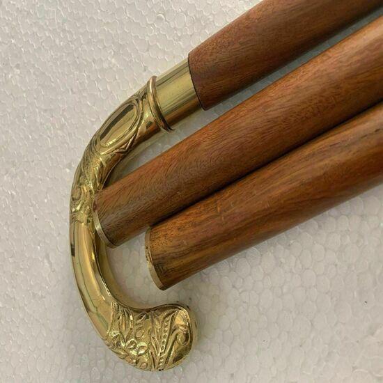 Antique Solid Brass Engraved Head Handle Victorian Wooden Walking Stick Cane