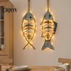 Bohemian Wall Art for Bedroom Wooden Fish Decor With/without LED Lights, Coastal Retro Hanging Ornament Handmade Hemp Rope Living Room Entryway,