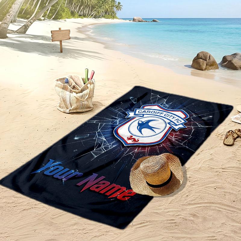 Cardiff City Personalized Printed Beach Towel Soccer Logo Support Custom Name Text Absorbent Towel For Sport Travel Special Gift