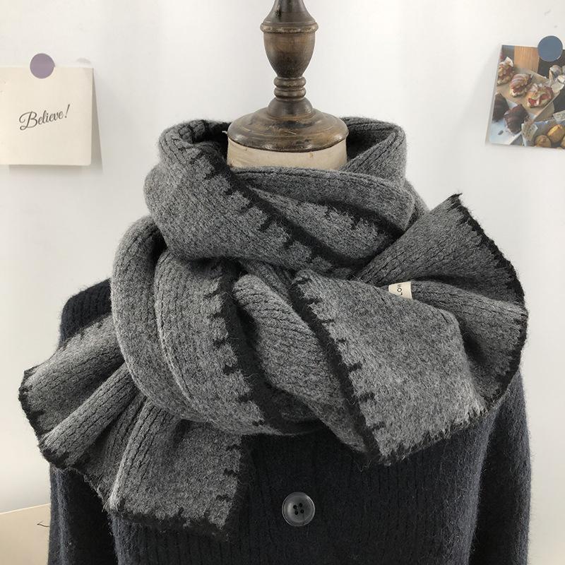 College Style Dark Gray Woolen Scarf for Women Winter Black Knitted Christmas Red Student Couple Warm Thick Scarf