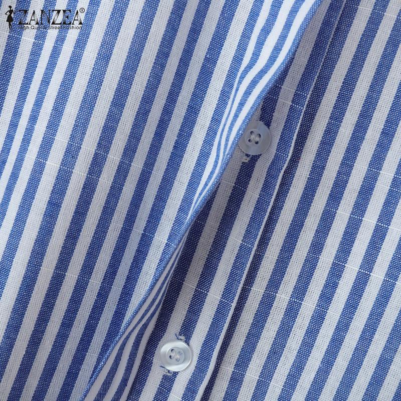 ZANZEA Women Casual Turn Down Collar Loose 3/4 Sleeve Stripe Blouse
