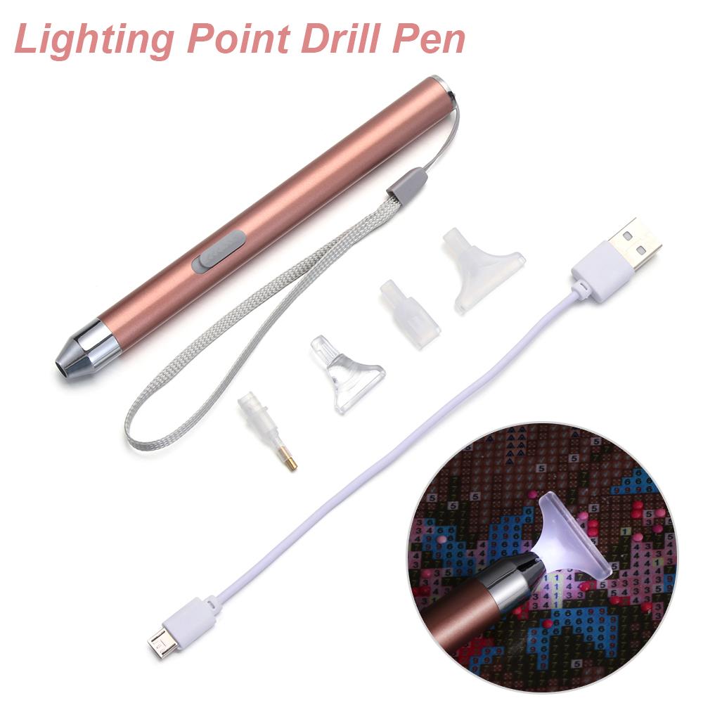 USB Rechargeable Lighting Point Drill Pen With 4 Heads For 5D Diamond Painting Pen Diamond Embroidery DIY Tools Accessories