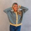 Women S Color Block Striped Crew Neck Button Up Loose Knit Cardigan
