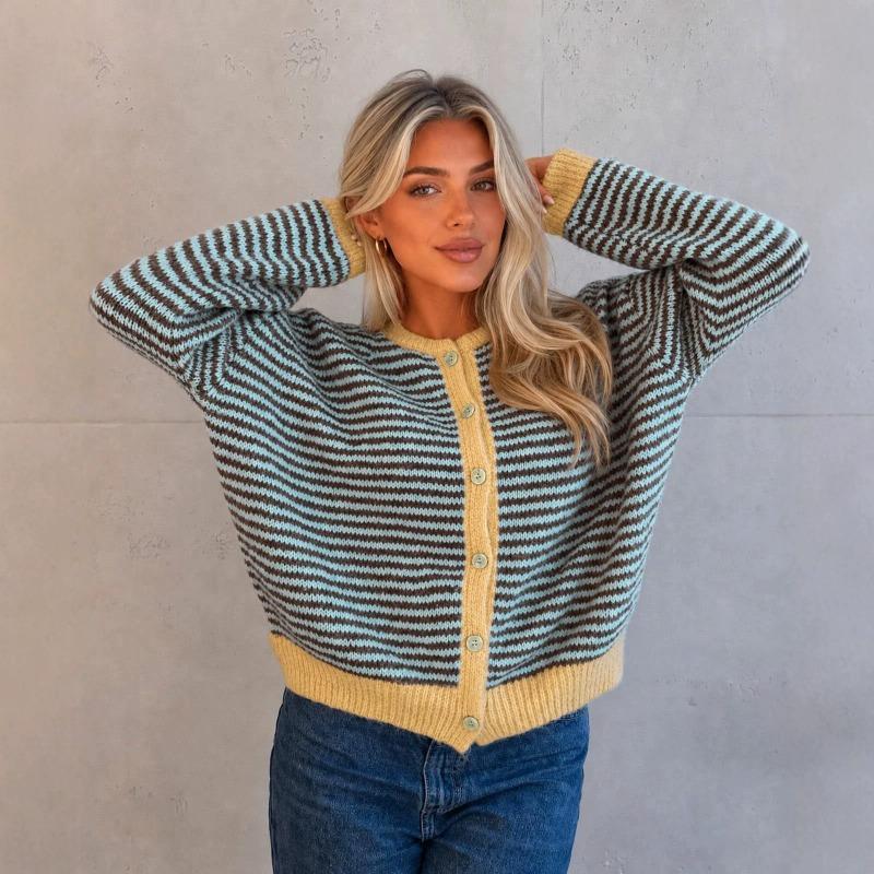 Women S Color Block Striped Crew Neck Button Up Loose Knit Cardigan