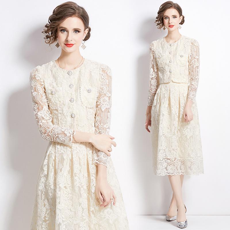 Female Floral Embroidery Two Piece Set Women Suit Elegant OL Long Sleeve Shirt Midi Skirts 2 Piece Outfit
