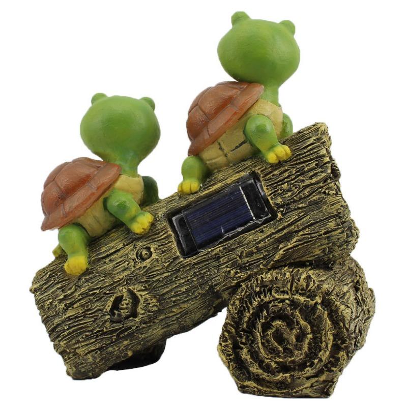 Two Turtles Standing on A Tree Stump Resin Crafts Display Outdoor Animal Solar Lighting Decorations Gothic Home Decor Statue