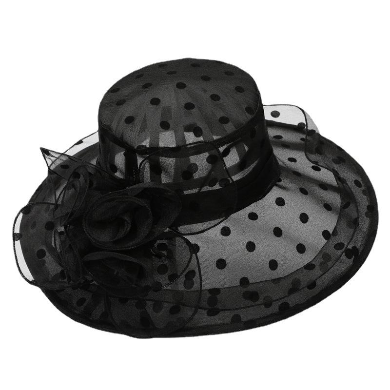 Puntíkatý organzový klobouk proti slunci Elegantní krajkové derby klobouky s širokým okrajem Lehké tenké, prodyšné cestovní plážové klobouky pro ženy, dívky