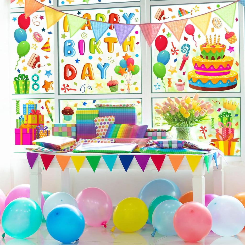 Whaline 6 Sheets Happy Birthday Window Clings Colorful Birthday Cake Balloon Banner Double-Sided Window Stickers for Boys Girls Anniversary Party