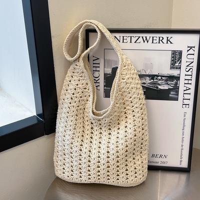 Torba z przędzy bawełnianej tkanej, damska, duża pojemność, uniwersalna, jednoramienna, pod pachami, styl kurortu nadmorskiego, torba plażowa