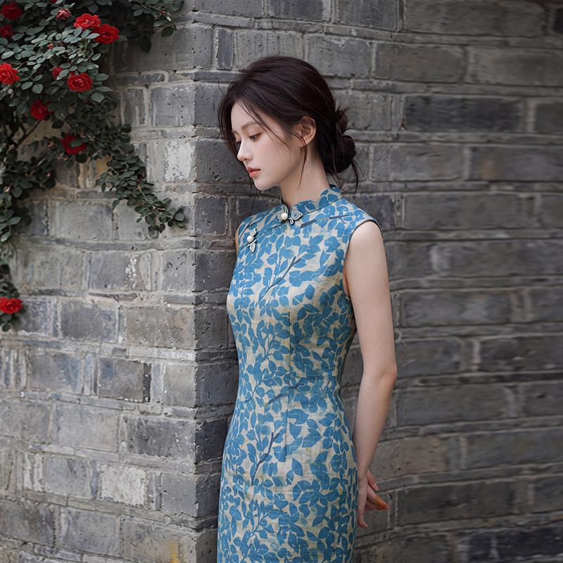 Mavi kolsuz ulusal tarz yeni Çin günlük Suzhou uzun cheongsam geliştirilmiş genç 1011 yeni kadın yüksek duygu