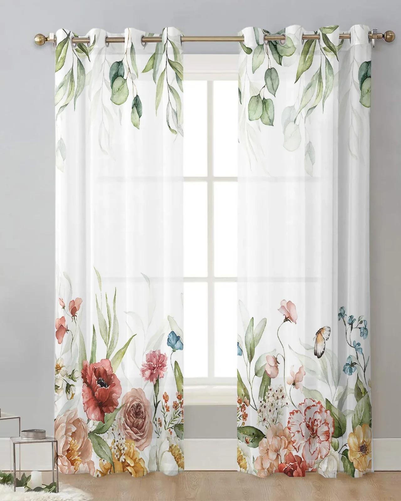 

Зеленый лист эвкалипта тюль украшение гостиной прозрачные прозрачные шторы спальня кухня вуаль шифоновые шторы W65X60H(cm)X2Pcs&Hook