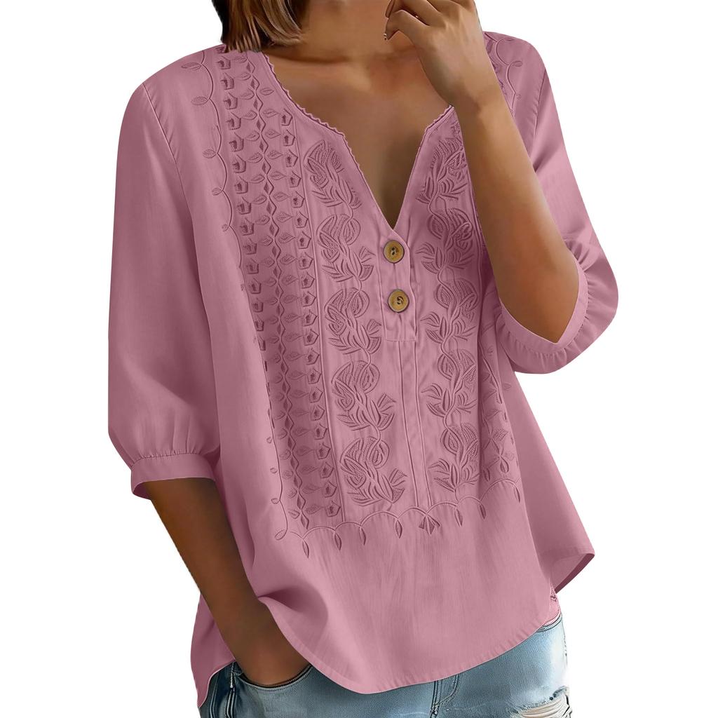 Damen V-Ausschnitt Dreiviertelarm Bestickte Knopfleistenbluse mit Blumenmuster Lockerer Schnitt Lässiges Oberteil