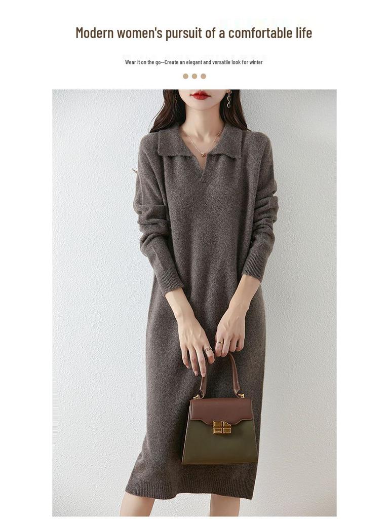 Women's Thickened Wool Polo Neck Long Dress - Autumn/Winter Loose Knit Base Layer 