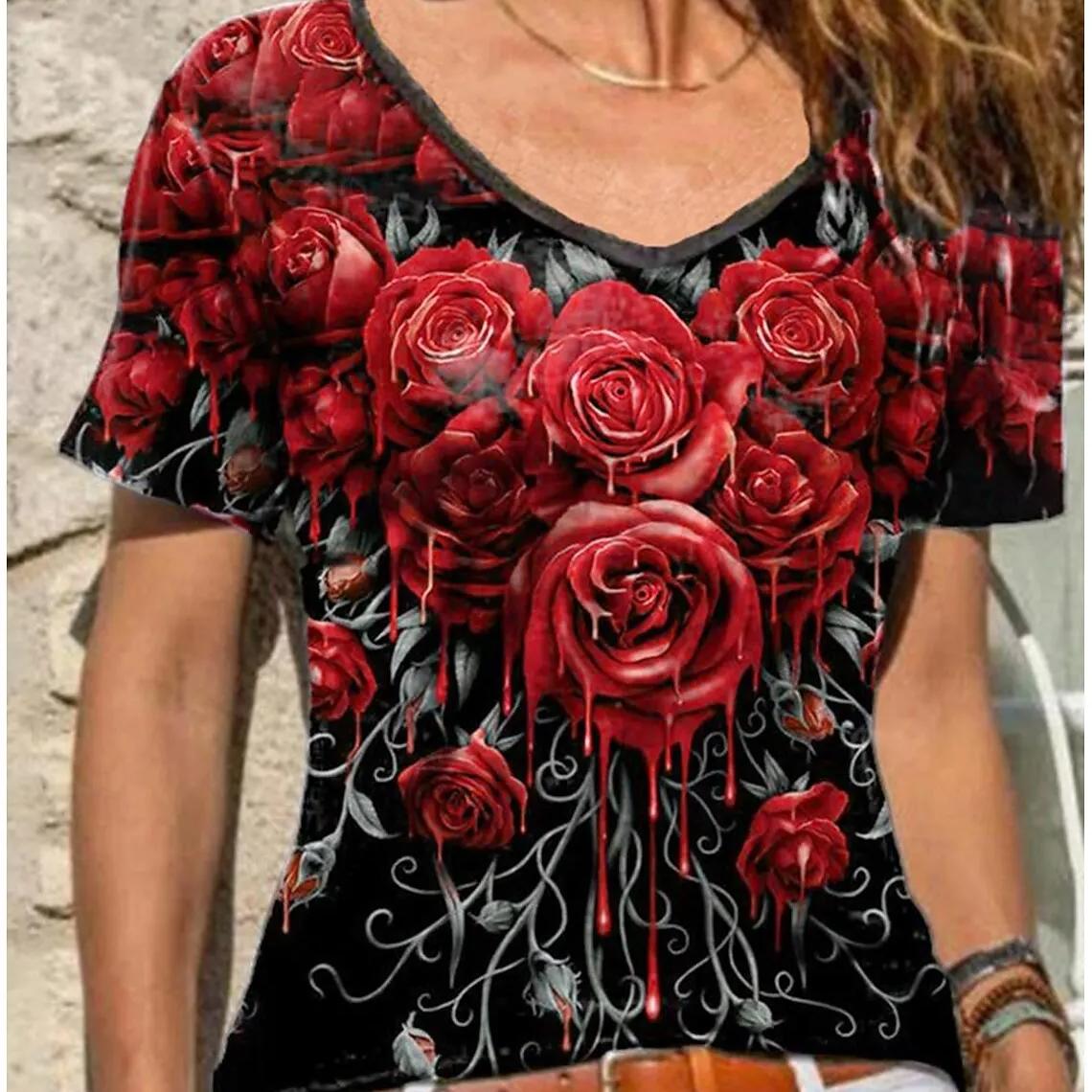 

Футболки с v-образным вырезом для женщин, топы с 3d принтом розы, повседневная уличная женская одежда, летняя модная футболка большого размера, женская одежда Y2k L