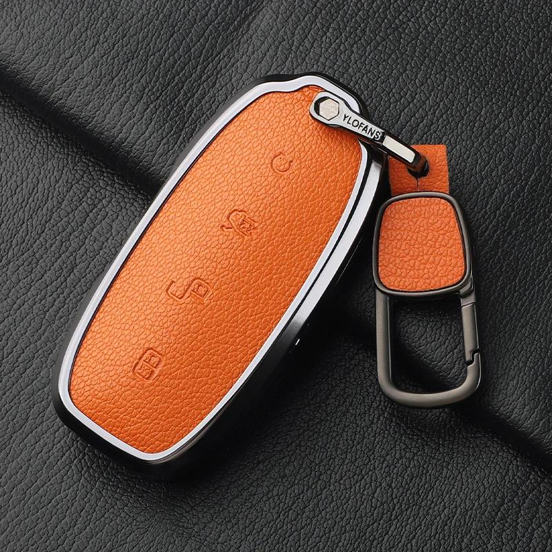 Metal And Leather Car Key Case Cover For Byd Denza D9 Dm-I   N7 N8 Auto Keychain Protect Set