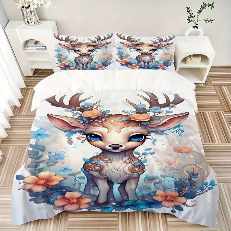 3pcs Pretty Reindeer Art Printed Quilt Set - Includes 1 Quilt Cover and 2 Pillowcases, Machine Washable - Suitable for All Seasons.M088