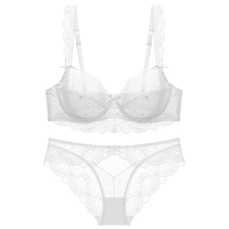 European and American Thin Sponge-free Transparent Large Chest Small Lace Bra Women's Sexy Underwear Bra Set