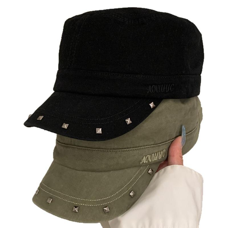 Women S Black Flat Top Beret Hat With Rivets Vintage Street Style Washable Casual
