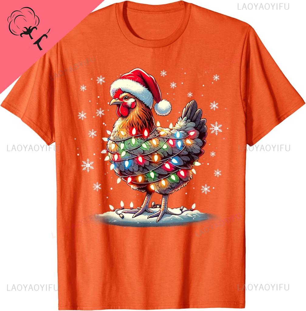 Chicken Santa Christmas Light Funny Xmas Chicken Pajamas TShirt Unisex Summer Streetwear Tops Cotton Ropa Hombre