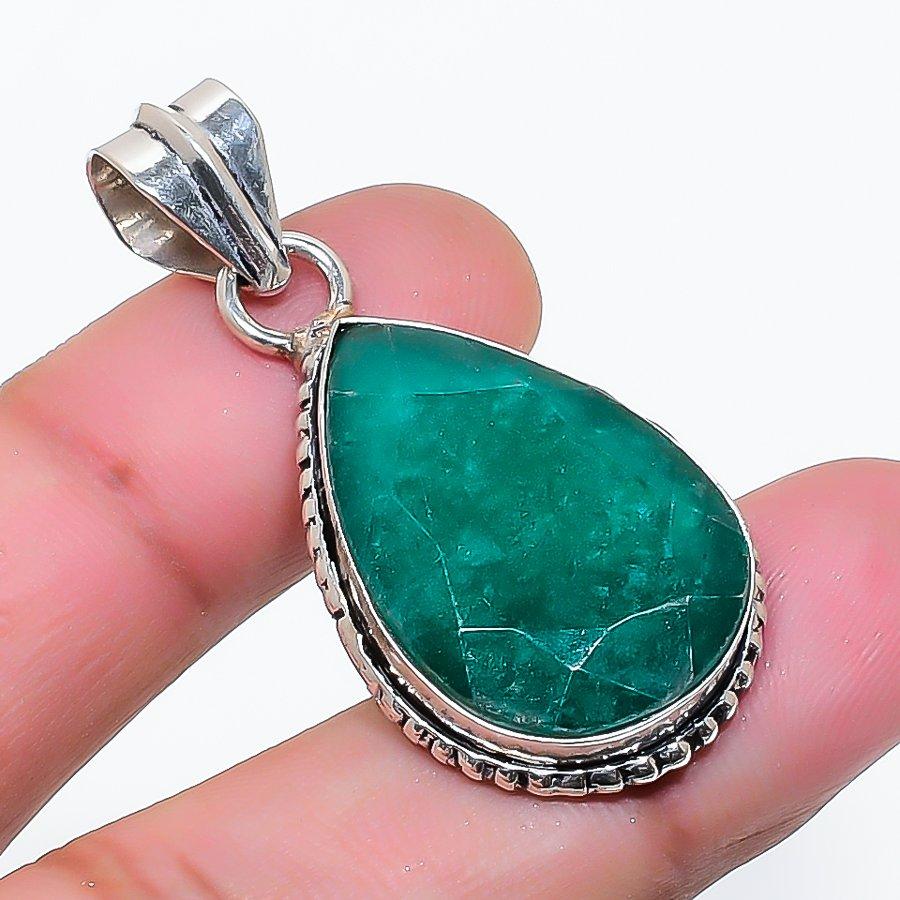 Natural Emerald(Simulated) Gemstone 925 Sterling Silver Pendant 1.58 AP-14924