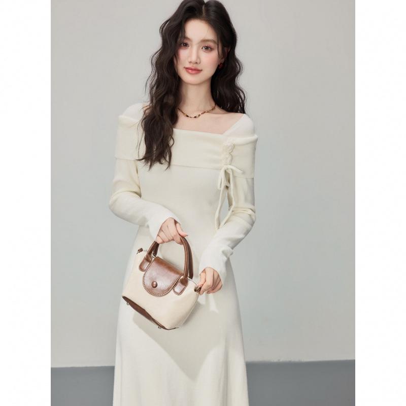Korean Style Autumn Winter Knit Cinched Waist Slimming Long Dress for Ladies Medium грязно-белый