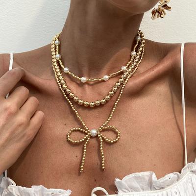Sweet And Cool Style Imitation Pearl Bow Necklace, Personalized Ccb Beaded Collarbone Chain Necklace