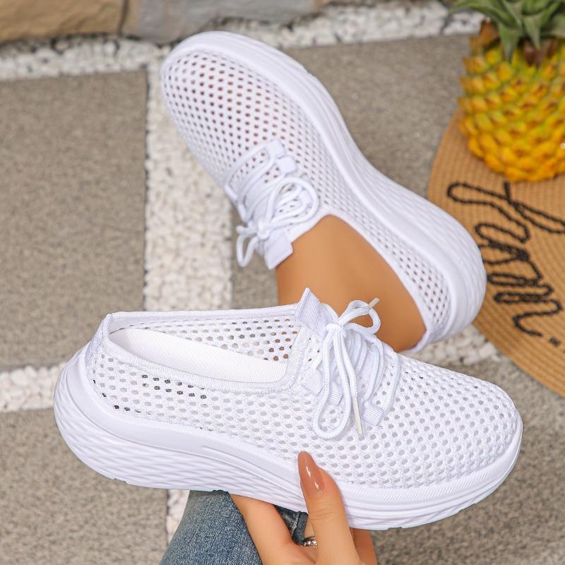 Chaussures de Sport Décontractées pour Femmes Été Semelle Souple Antidérapant Maille Découpée Respirante Tête enveloppée Mi-claquette