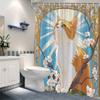 1Pc Art Nouveau Cat Shower Curtain - Opulent Orange Tabby With Green Eyes, White Flowers & Gold Frames On Blue