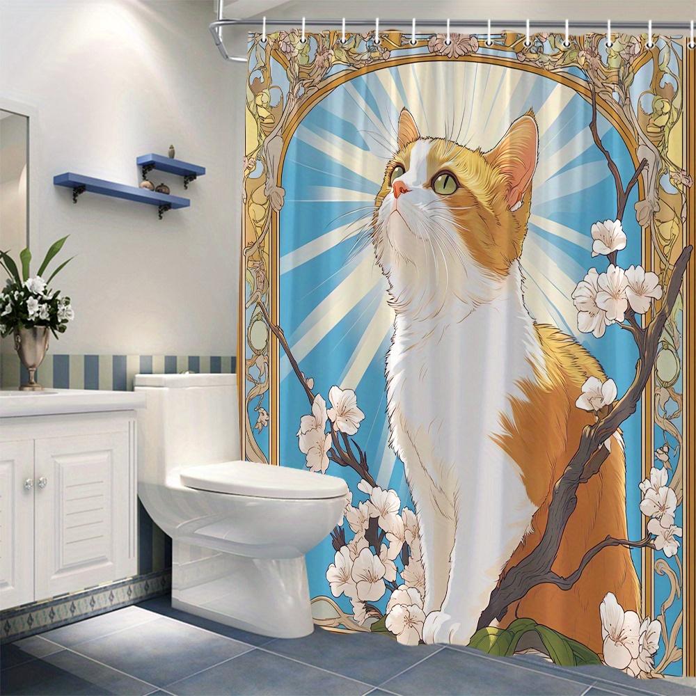 1Pc Art Nouveau Cat Shower Curtain - Opulent Orange Tabby With Green Eyes, White Flowers & Gold Frames On Blue