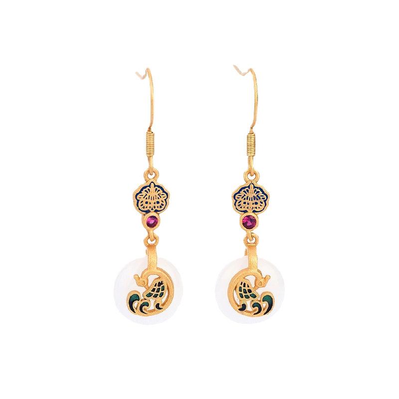 Ancient Gold Craft Natural Hetian Jade Round Earings for Women New In Court Style Phoenix Dance Eardrop Wedding Jewelry