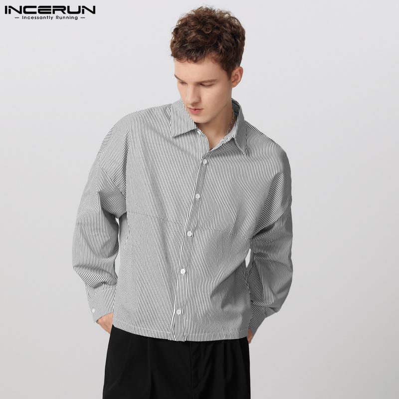 INCERUN Men Lapel Neck Long Sleeve Striped Casual Buttons Up Shirts