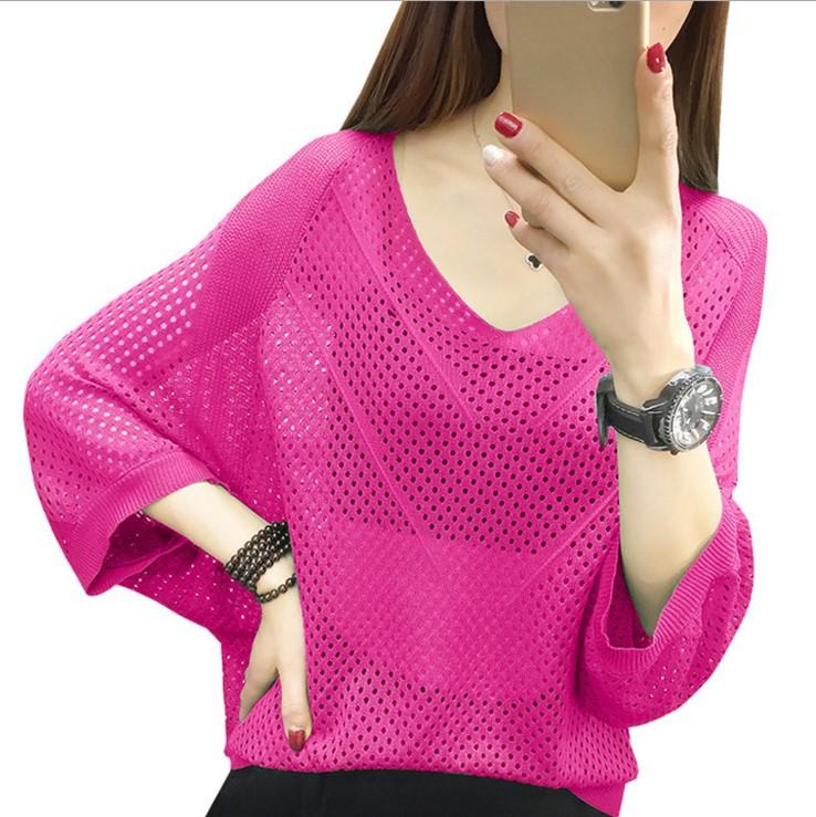 Summer Hollow Short-sleeved Bat Shirt Loose Knit Top V-neck Solid Color Plus Size Blouse