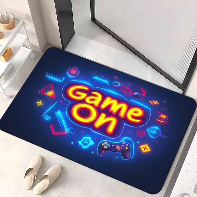 Neon Game On Game Controller Doormat Gamer Neon Light Print Non Slip Floor Rug for Gaming Room Entryway Bedroom