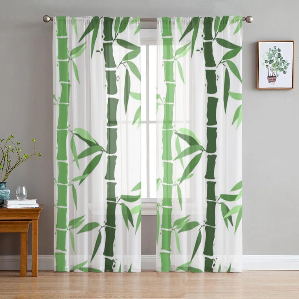 Schwarze transparente Vorhänge mit Bambus-Vogelmotiv für Wohnzimmer, Schlafzimmer, Tüllvorhänge, Küchenfensterbehandlungen, Vorhänge