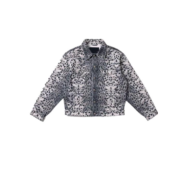 SMFKR Leopard Camouflage Cross Statue Denim Jacket - Washed Cotton Loose Fit Outerwear Small