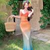 Holiday Vacation Wind Dopamine Beautiful Island Vacation Atmosphere Gradual Change Color Sunset Tie Dye Mesh Suspender Dress