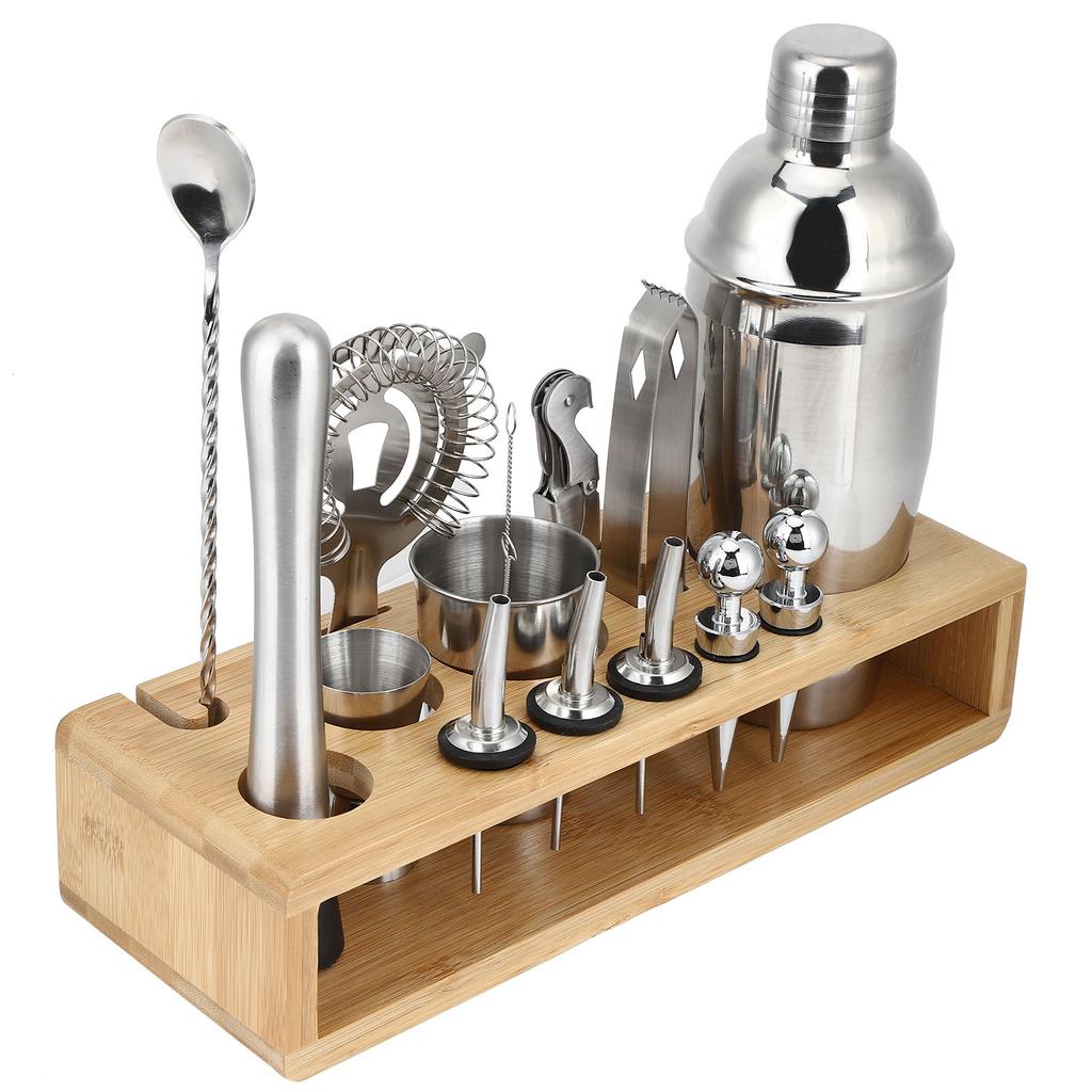 16Pcs 304 Edelstahl Cocktail Shaker Bar Set Wein Trinken Mixer mit Bambus Stehen