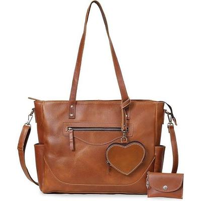 Women's Genuine Leather Tote Purse Bag, Top Satchel Purses and Handbags, Shopping Bag With Heart Wallet and Small Coin Pouch