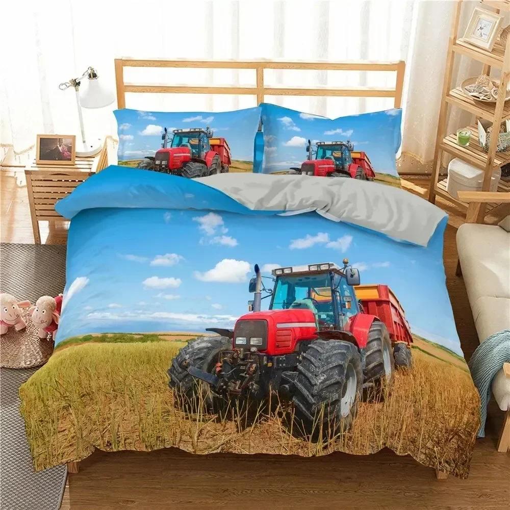 Retro Tractor King Queen Duvet Cover Car Bedding Set Engineering Vehicle Quilt Cover Farm Tool Cart Polyester Quilt Cover